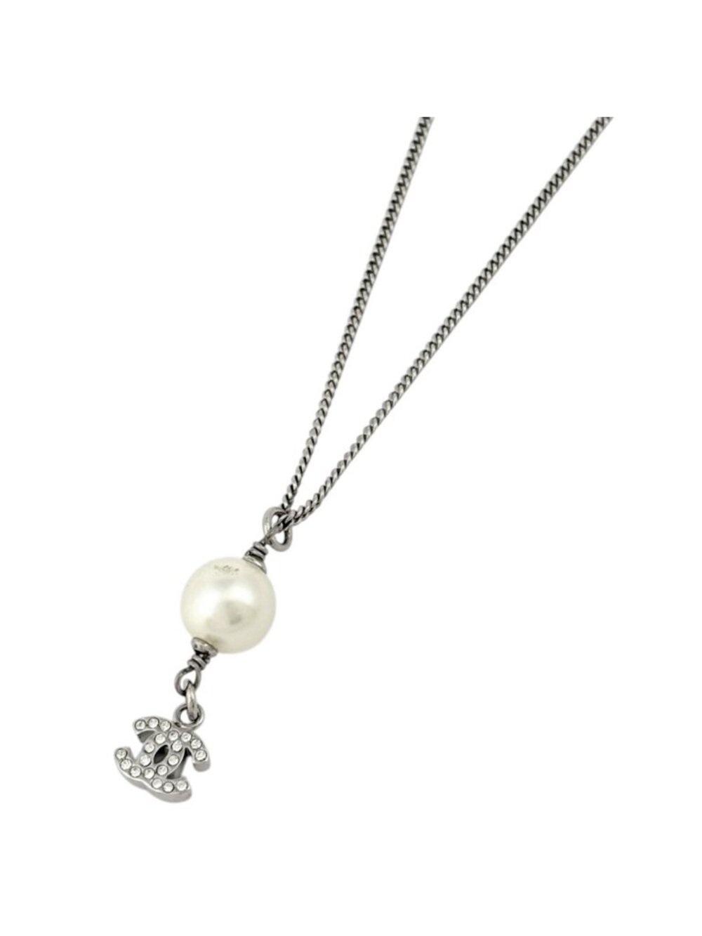 Chanel Necklace CC Logo Faux Pearl Silver Plated Rhinestone